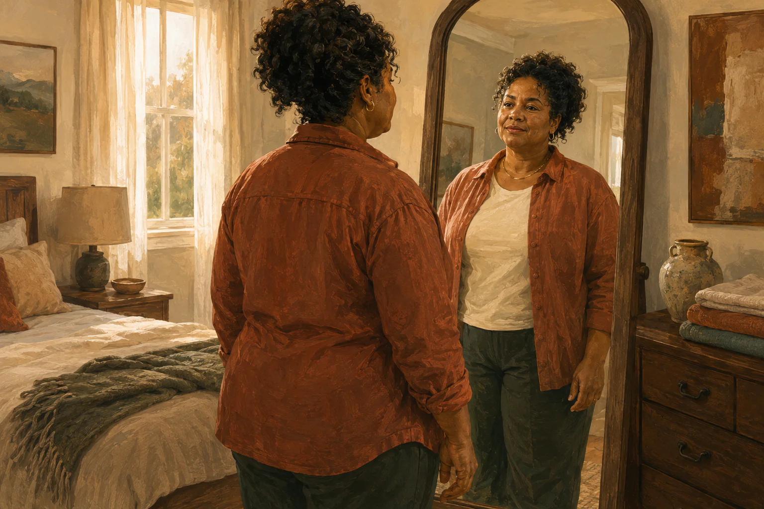 A fully clothed adult meeting their reflection with a thoughtful, neutral expression.