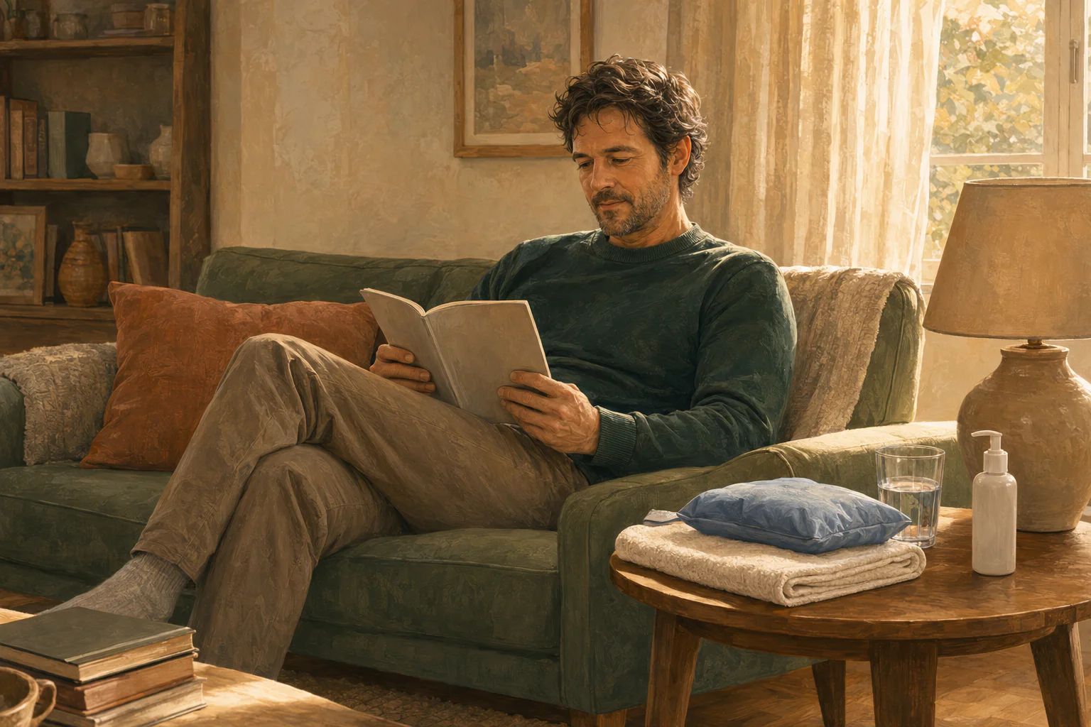 A fully clothed adult resting at home with simple comfort supplies after stopping an activity that caused soreness.
