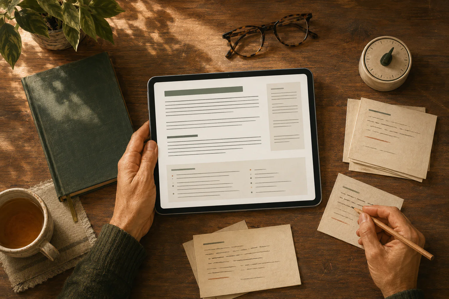 Hands reviewing a health guide and its cited sources on a tablet beside printed notes in a quiet workspace.