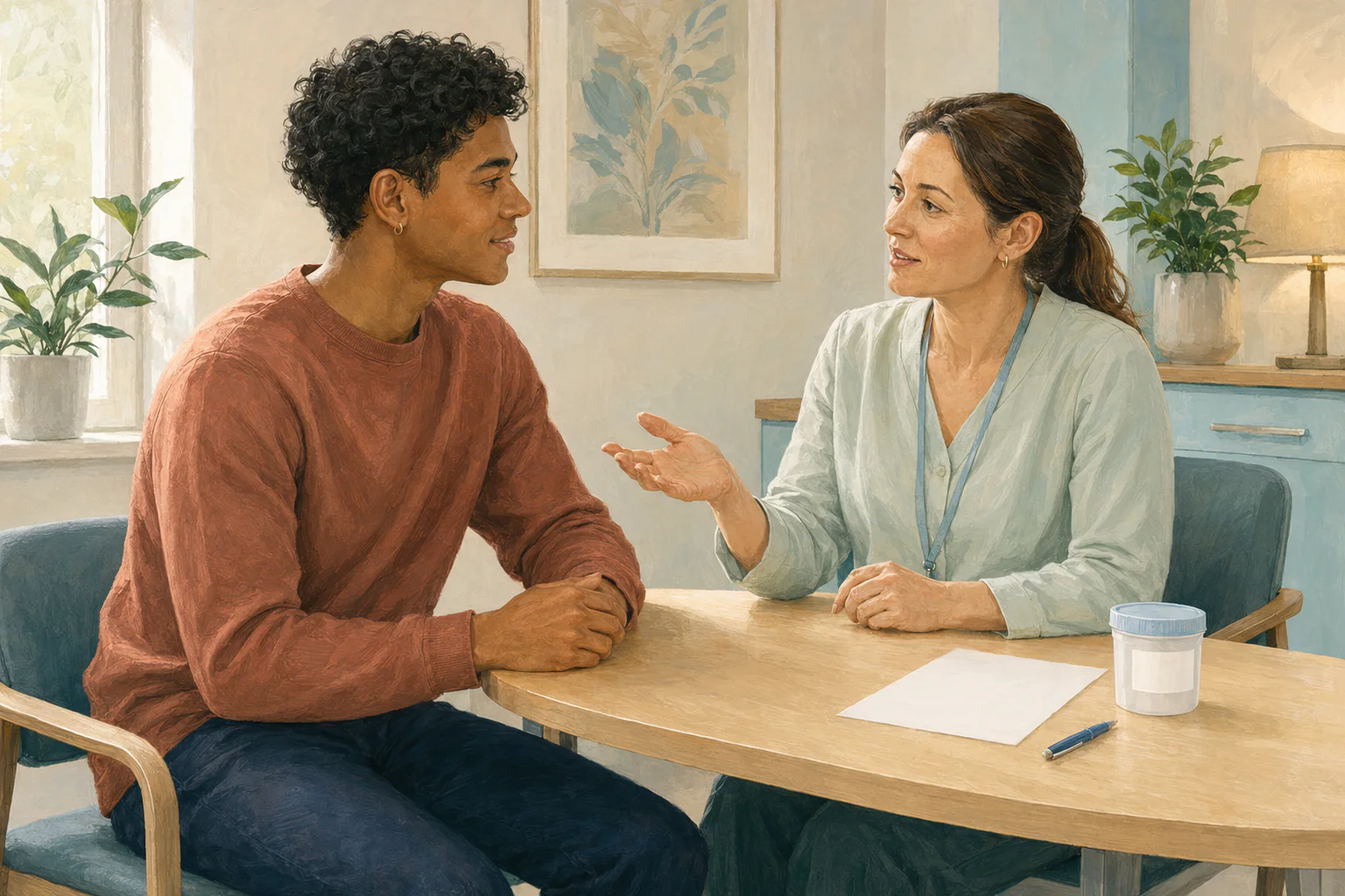 A fully clothed adult speaking privately with a nurse at a sexual-health testing clinic.