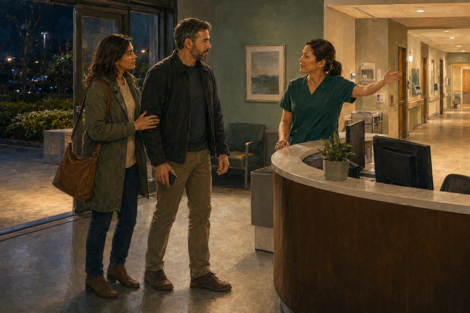 An adult arriving at an emergency department triage desk for prompt, private care.